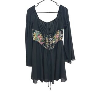 Cider Black Floral‎ Corset Mini Dress Sheer Y2K Indie Gothic Coquette Club L